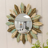 Bohemian Sunburst Metal Wall Mirror | Teal & Gold Leaf Design